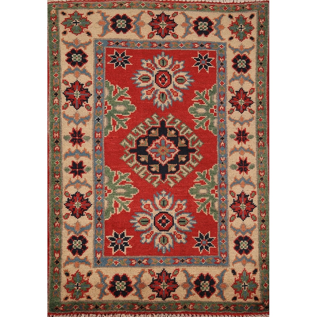 Red Kazak Foyer Rug Handmade Oriental Geometric Wool Carpet - 2'0" x 3'0"