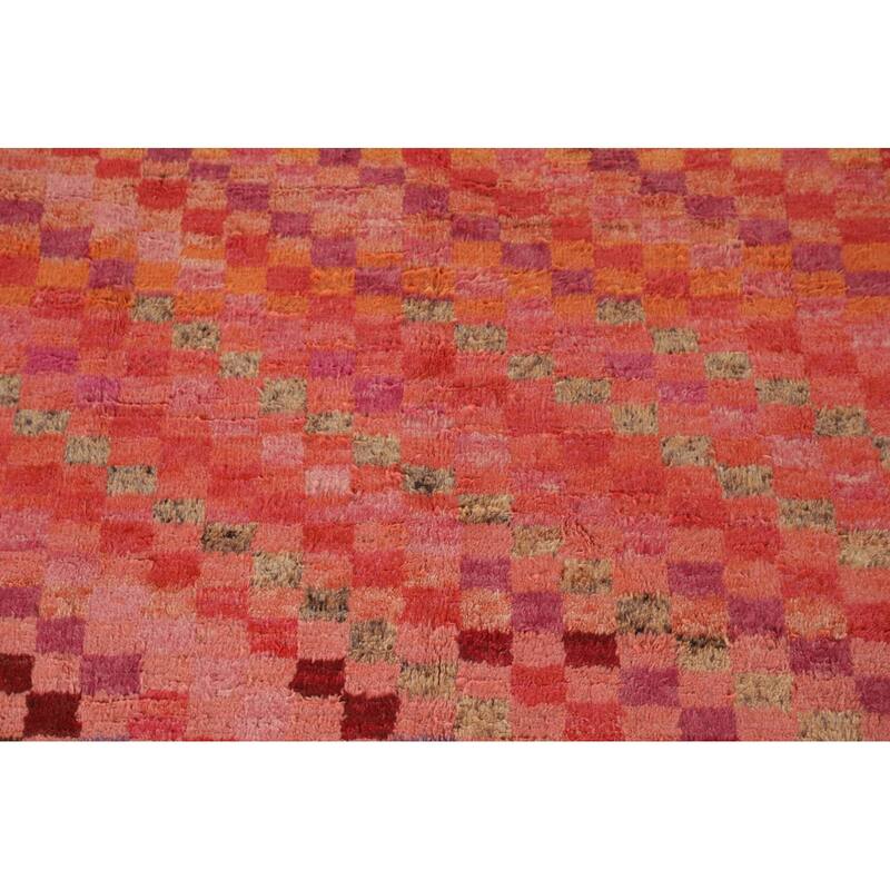 Coral Checkered Moroccan Area Rug Hand-Knotted Wool Carpet - 8'11" x 12'7"