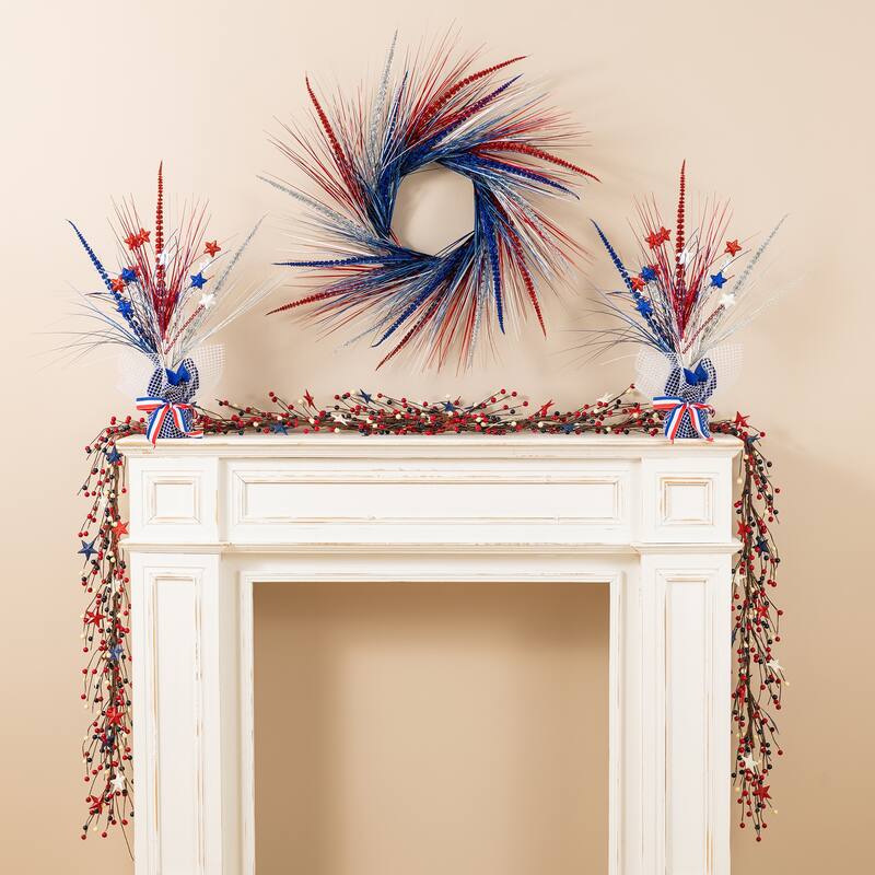 Glitzhome 24"D Patriotic/ Americana Tinsel and Heather Wreath