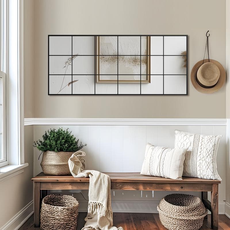 Wrought Iron Grid Full Length Arch Rectangle Frame Window Mirror Freestanding