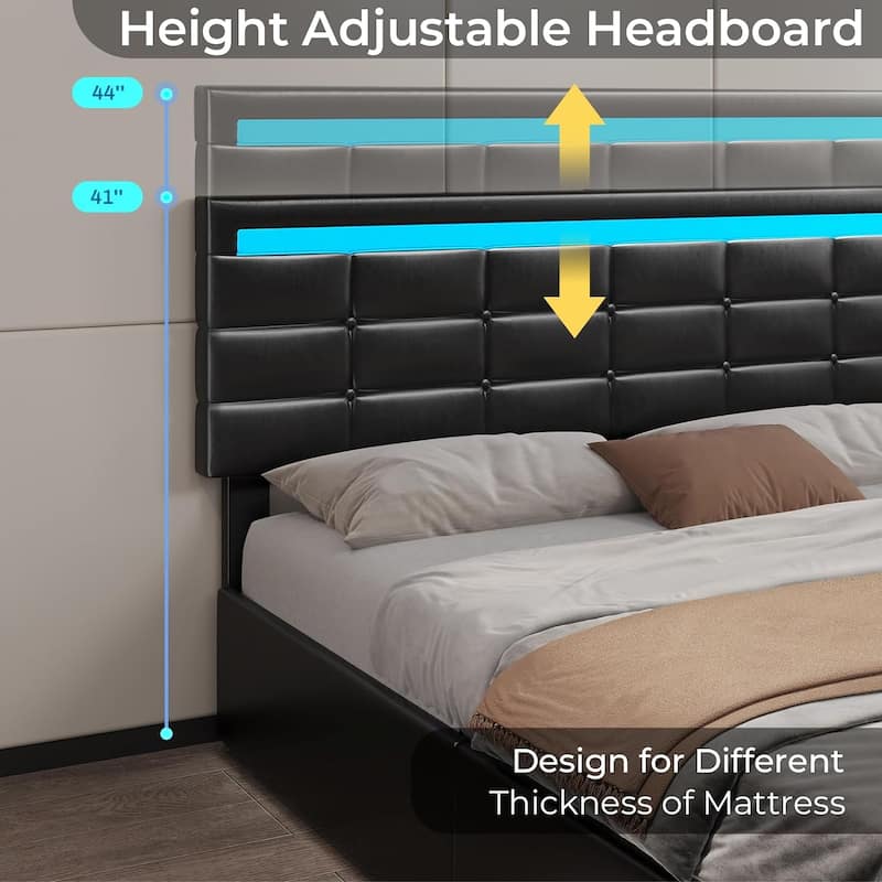 LED Bed Frame Platform Bed 2 USB Ports 4 Storage Drawers