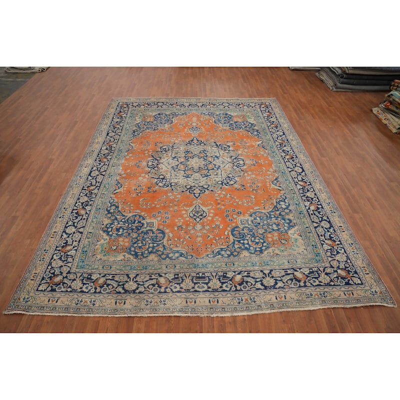 Hand Knotted Oriental 100% Wool Carpet Traditional Floral Oranges & Rust Mashad Area Rug - 12' 5'' X 9' 7''