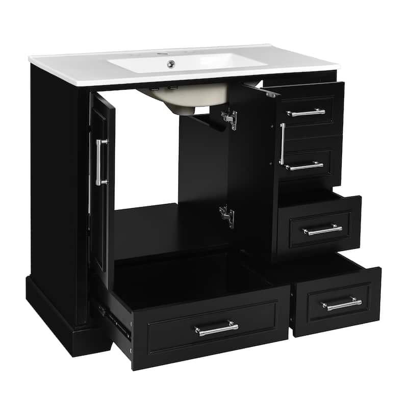 Roomfitters 36" Traditional Bathroom Vanity with Ceramic Sink, 2 Soft Close Doors and 4 Drawers
