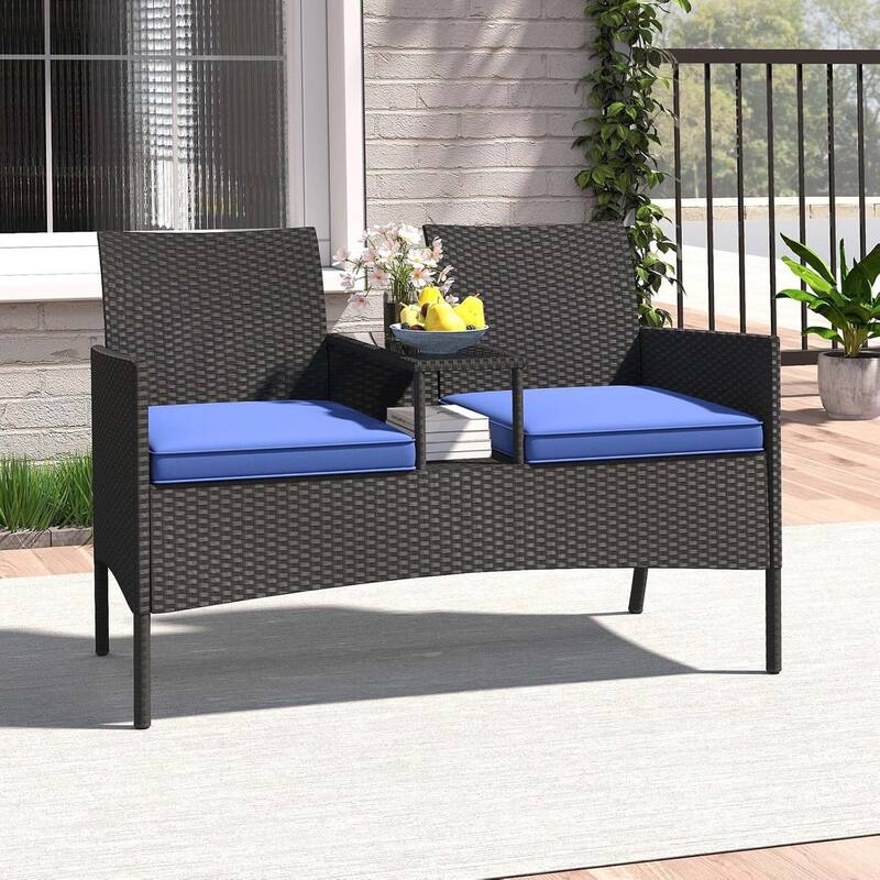 Patio Conversation Set Outdoor Rattan Loveseat w/Built-in Coffee Table