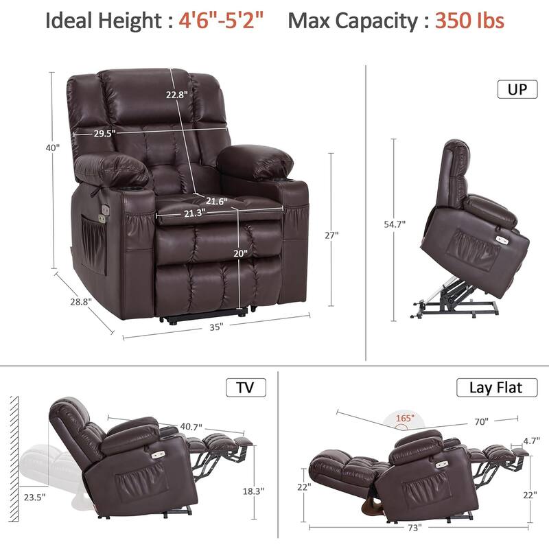 MCombo Dual Motor Small Power Lift Recliner Chair for Elderly, Lay Flat Lift Chair with Heat and Massage, Faux Leather 7893