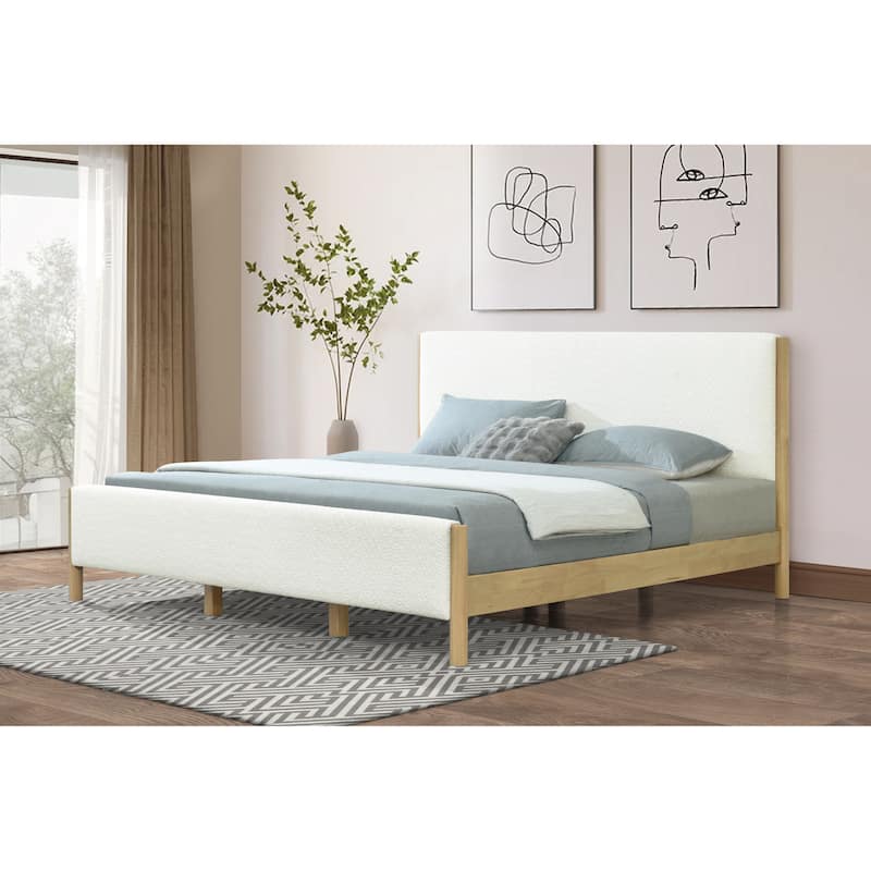 Modern White Boucle Upholstered Bed, King/Queen Size with Rubberwood Legs