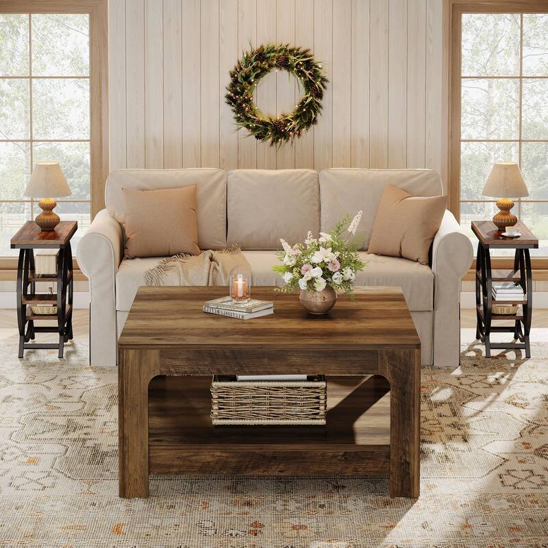 Farmhouse Wooden Square Coffee Table with 2-Tier Storage