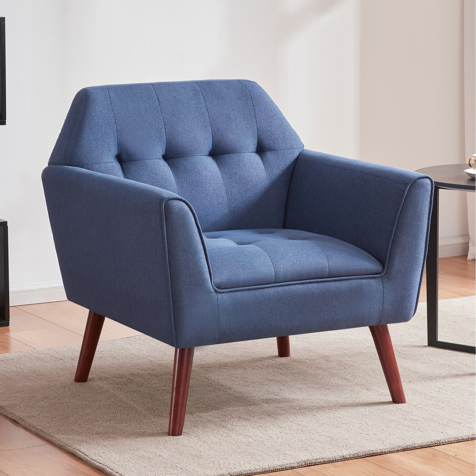 Blue Linen Accent Chair: Midcentury Modern Style, Sturdy Wood