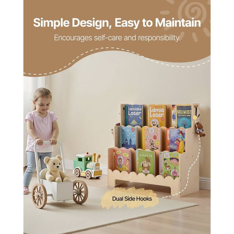 Natural Wood Kids Montessori Bookshelf with 3 Compartments and Side Hooks for Toys and Supplies - 29.53 x 10.63 x 27.56 in