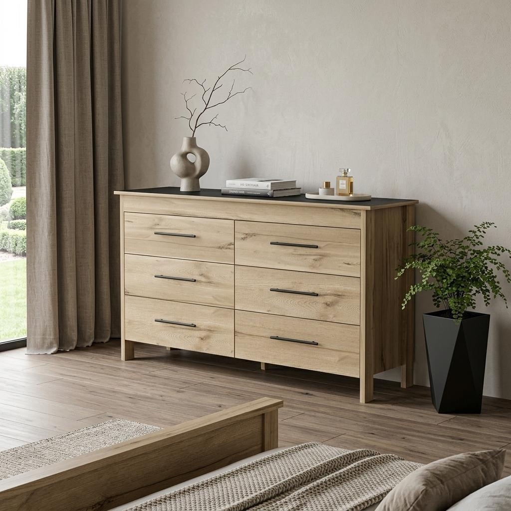 HomeRoots 59" Natural And Black Wood Six Drawer Double Dresser