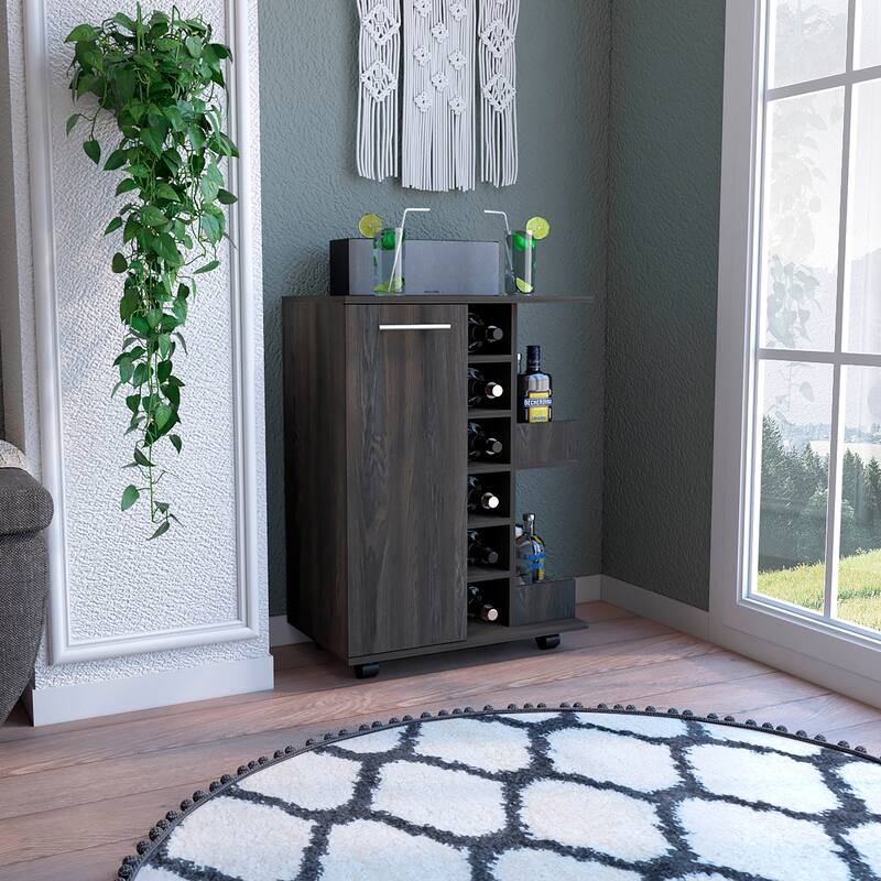 Bar Cart, Four Casters, Six Wine Cubbies, Single Door Cabinet