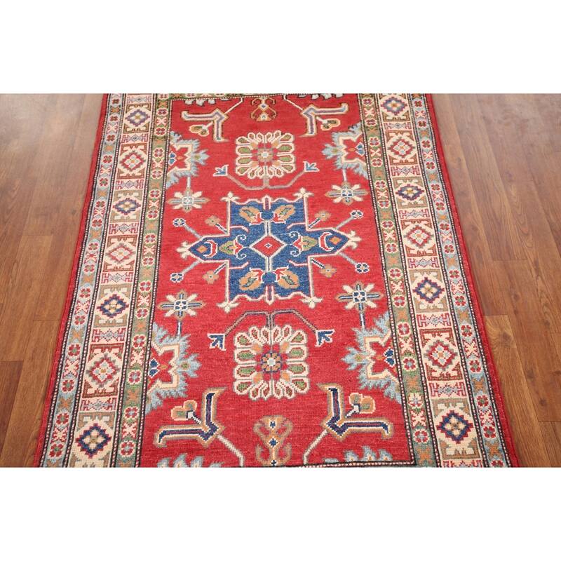 Geometric Red Kazak Oriental Accent Rug Handmade Wool Carpet - 3'4" x 5'0"