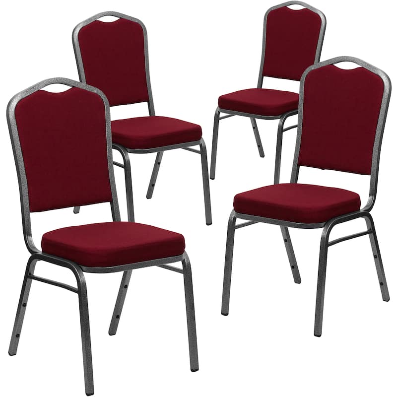 4 Pack Crown Back Stacking Banquet Chair - 20.25"D x 17.25"W x 38"H - Burgundy Fabric/Silver Vein Frame