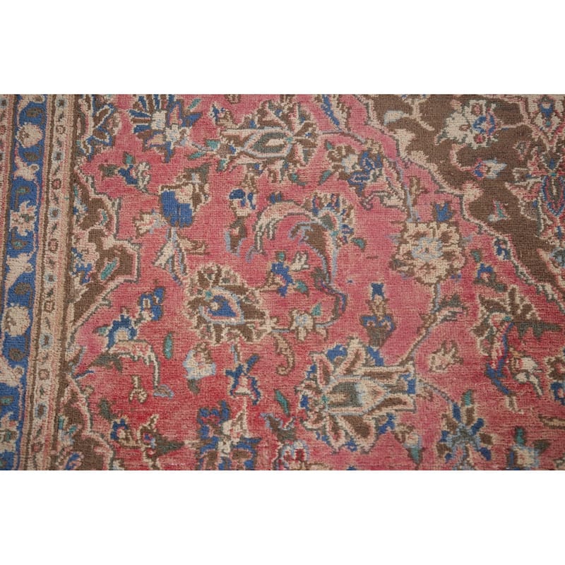 Distressed Pink Mashad Persian Vintage Rug Handmade Wool Carpet - 6'5"x 9'5"