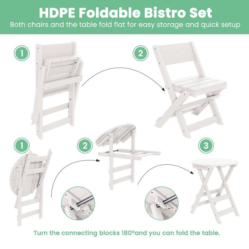 3-Piece Outdoor HDPE Bistro Set, Waterproof, Weather-Resistant & Foldable