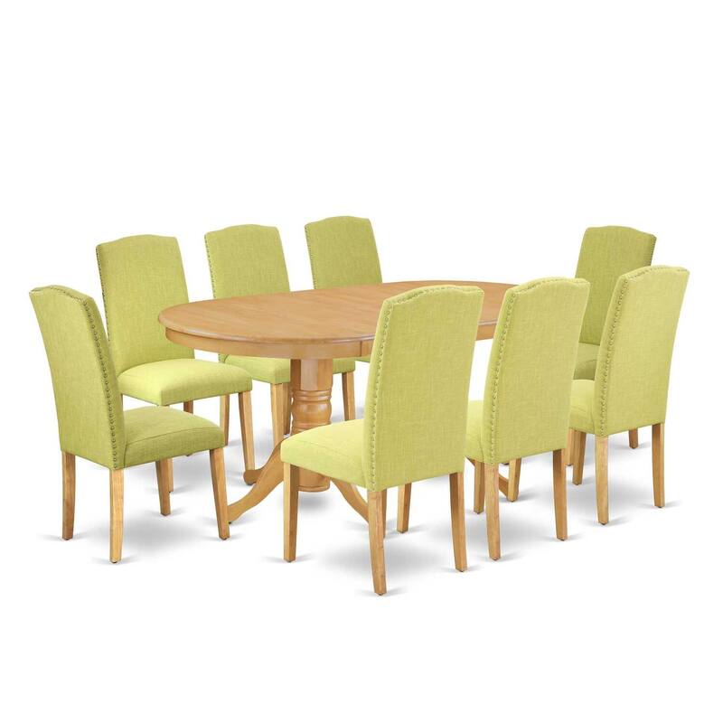 Kitchen Dining Set 9pc Table with Leaf & 8 Chairs - Linen Fabric & Oak Legs - Lakeside Living