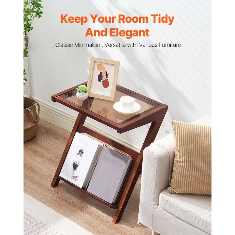 Walnut Wicker Z-Shaped Rattan Woven End Table with Removable Glass Top Suitable for Any Room - 19.7” x 14.4” x 22”