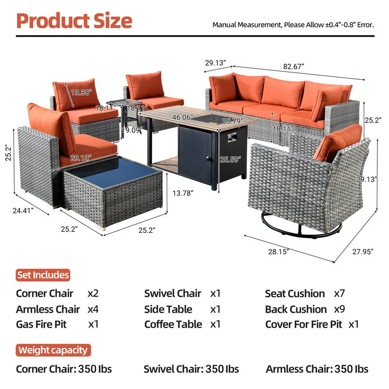 XIZZI 10-piece Outdoor Wicker Patio Furniture Set with Fire Pit Table