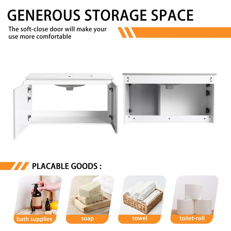 Bathroom Vanity With Sink In 24/30/36 Inch, Floating Bathroom Vanity With Soft Close Door