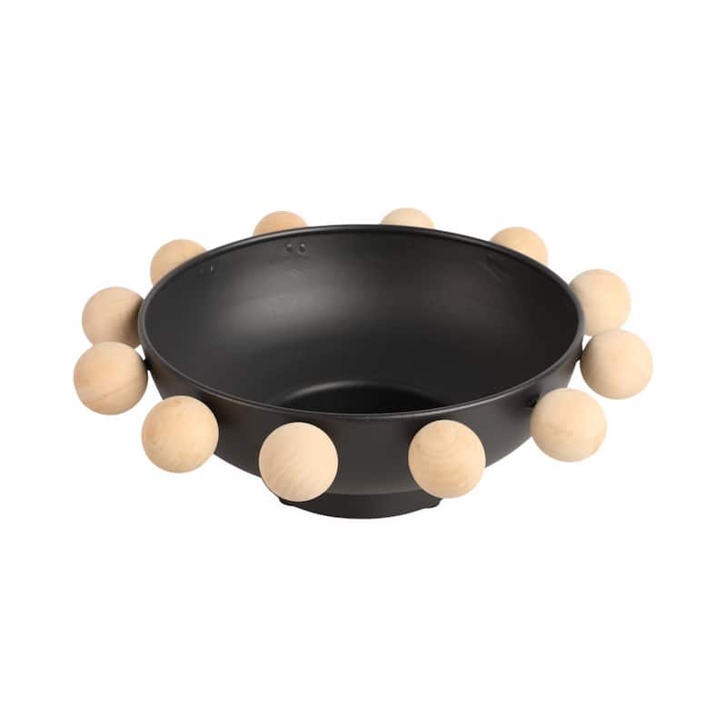 Wood and Metal Decorative Bowl with Fir Sphere Accents Modern Decor - 13" x 13" x 4" - Black