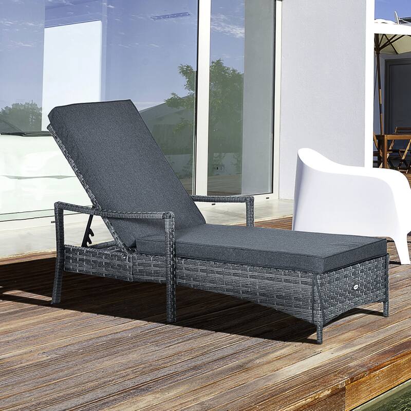 Outsunny Patio Chaise Lounge Chair, Outdoor PE Rattan Single Sun Lounger with 4-Level Adjustable Backrest - Dark Grey