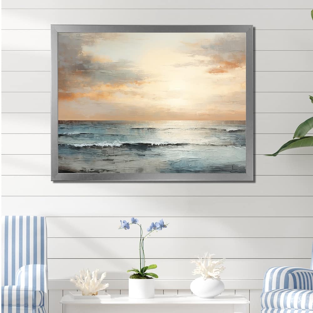 Designart "Beige And Golden Beach Sunset Paradise III" Coastal Sunset Framed Canvas Art Print