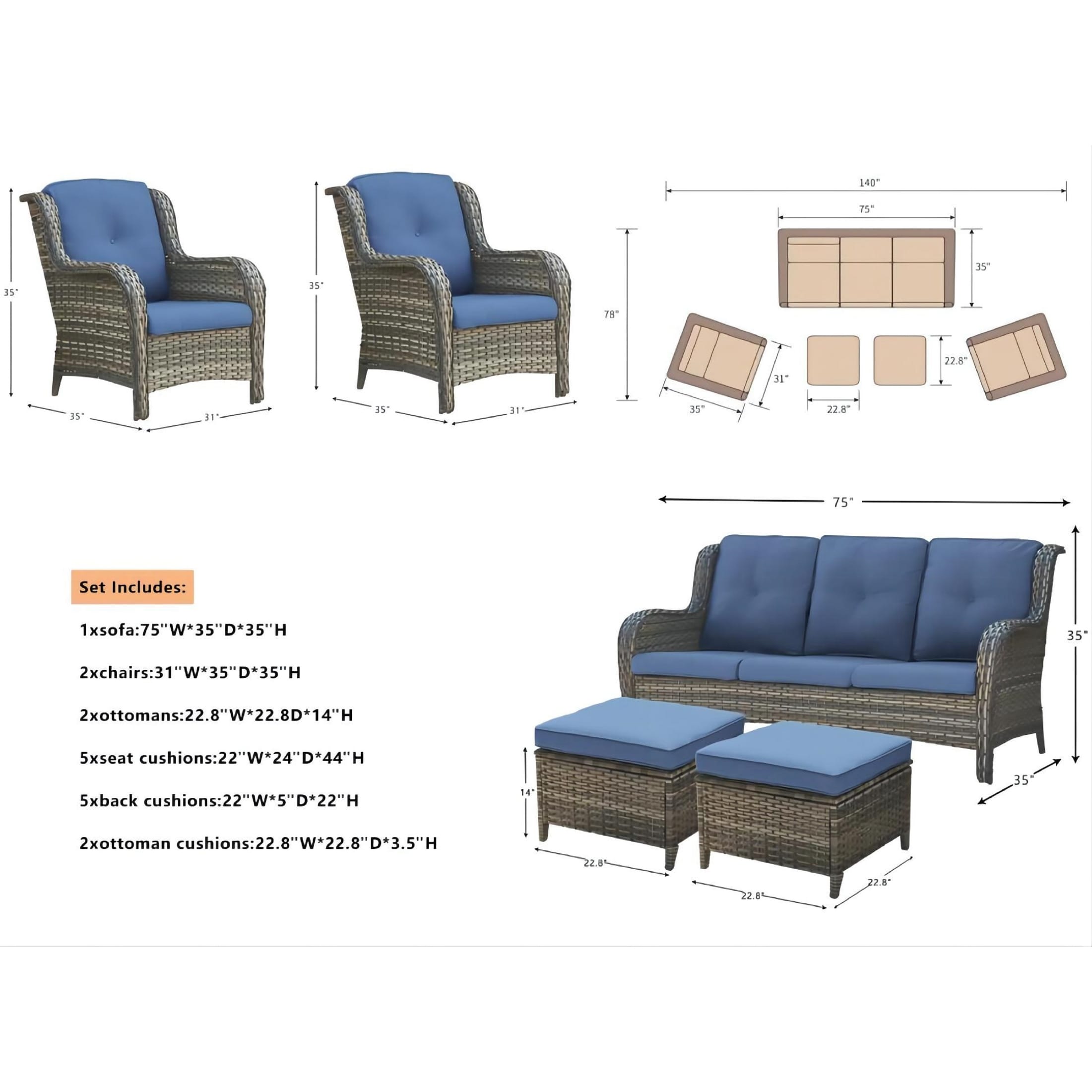 Pocassy 5-Piece Patio Furniture Set with Ottomans