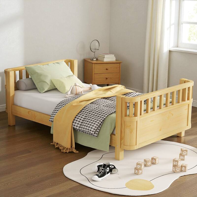 Wood Twin/Full Size Platform Bed with Safety Rails, Low Profile Kids Bed Frame for Girls and Boys