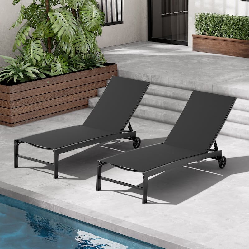 Outdoor Aluminum Adjustable Chaise Lounge Chairs with Wheels Sun Lounger - Black