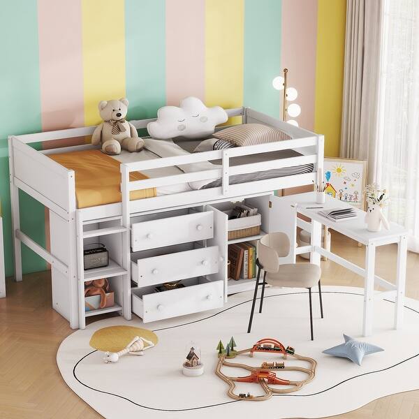 slide 2 of 20, Low Loft Bed for Kids Twin Size Storage Bookcase Bed Frame with Pull-out Desk, 3 Drawers and Cabinet and Shelves White - Twin