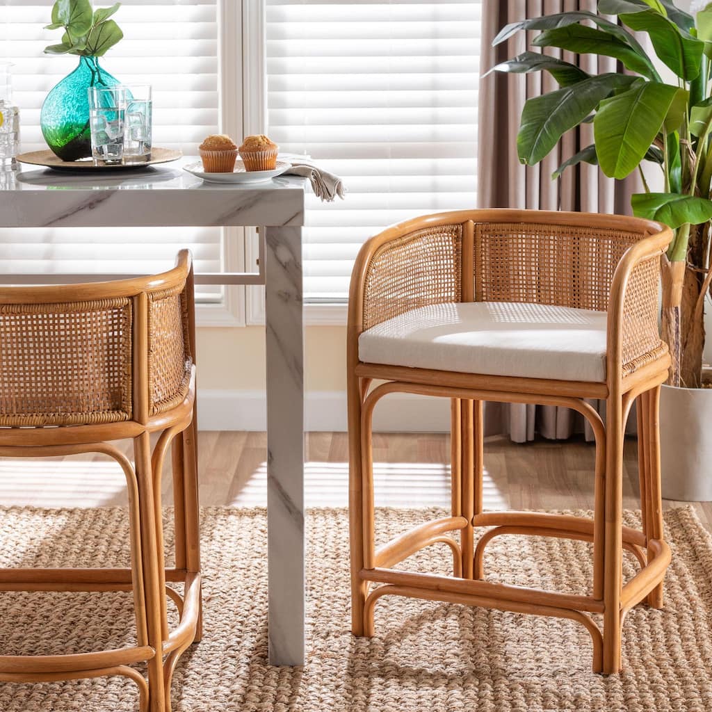 Aria Natural Rattan Counter Stool with Cushion - Handwoven Cane Counter Height Seating for Kitchen Island or Dining Area