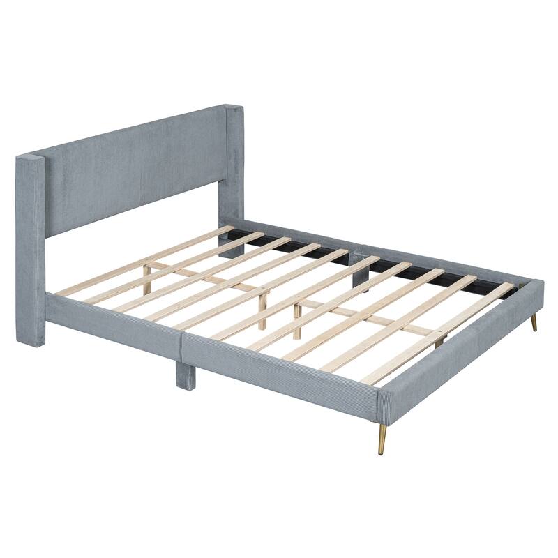 Queen Size Corduroy Platform Bed with Metal Legs, Gray