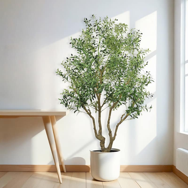8FT Tall Artificial Olive Tree - Large Faux Potted Tree with Natural Trunk and Lifelike Olive Leaves and Fruit, 1 pc/set