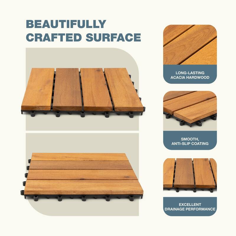 27pcs Acacia Wood Interlocking Flooring Tiles Waterproof Flooring for Outdoor & Indoor Patio, Balcony, 11.8 × 11.8 in