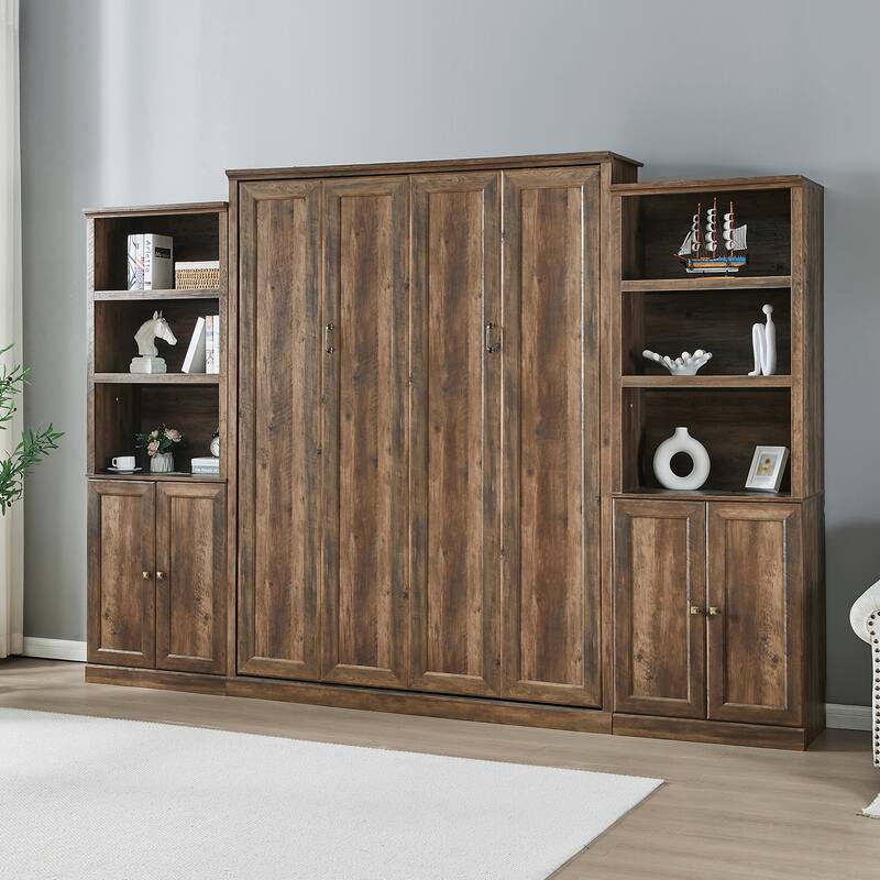 Half Self-Close and Open Murphy Bed with 2 Side Cabinet Storage Shelf