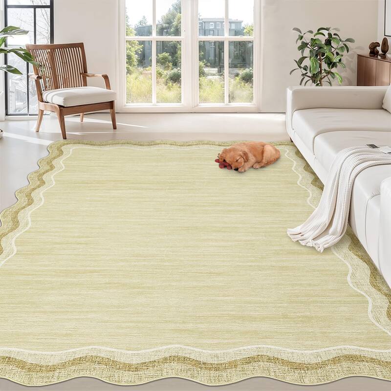 Washable Rugs for Living Room Scalloped Rug Modern Non Slip Non Shedding Carpet for Bedroom - 10'x13' - Beige