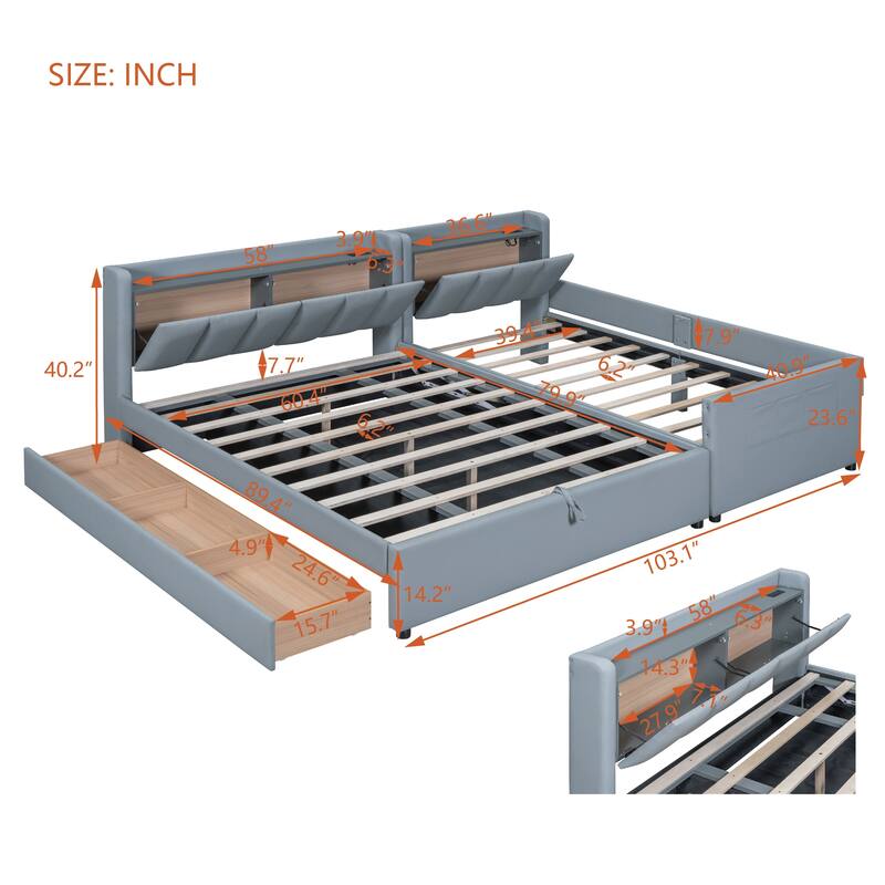Mother & Child Bed Set - Queen & Twin XL Upholstered Platform Bed with Hydraulic Storage, USB Ports, and Drawer