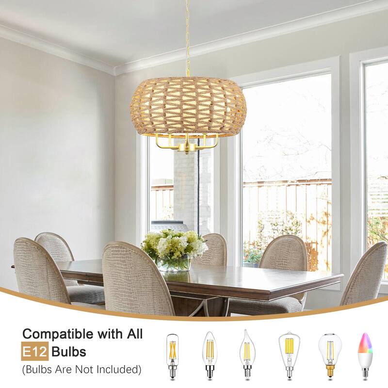 5-Light Hemp Rope Candlestick Hanging Linear Chandelier Lighting with Cloth Cover for Kitchen Island