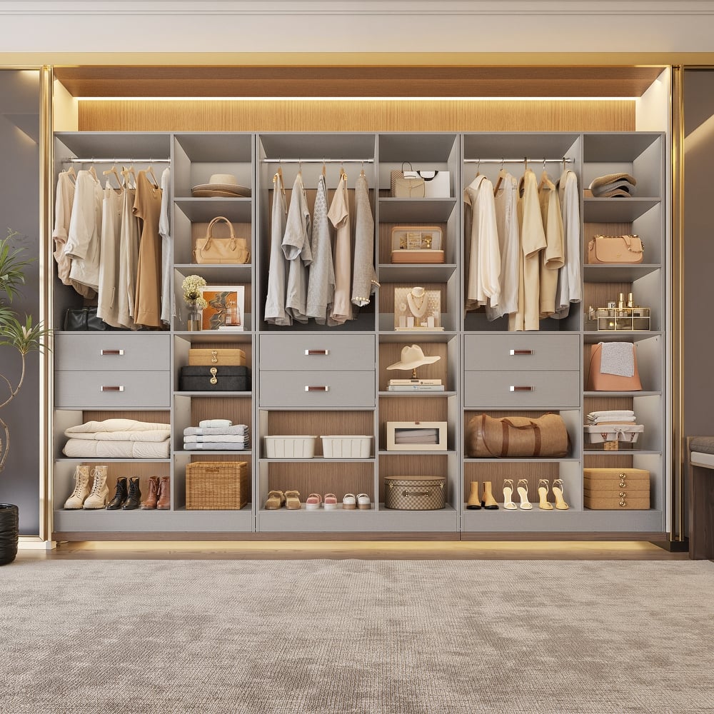40''-120'' Large Closet System with Tower Shelves and Wood Drawers, Freestanding Closet Organizer with Hanging Rods