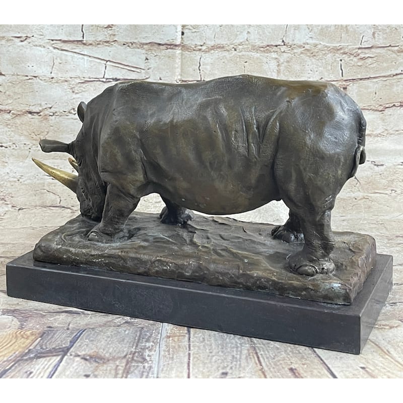 Bronze Metal Rhinoceros Rhino Statue Sculpture Figure Marble Base Barye Art 9 Inches X 14 Inches