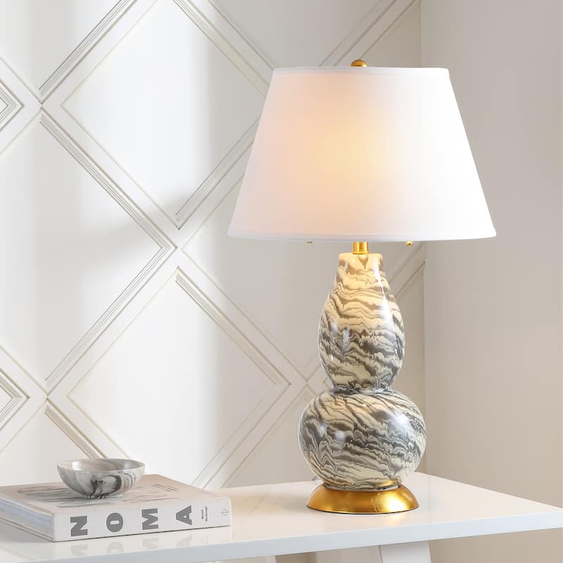 SAFAVIEH Lighting Sebrina 29-inch Navy And White Color Swirls Glass Table Lamp (Set of 2) - 17"x17"x28" - 17Wx17Dx28H