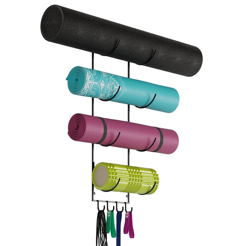 Wallniture Core 4 Sectional Yoga Mat Holder Wall Mount Foam Roller Storage Metal Sports Rack, Black