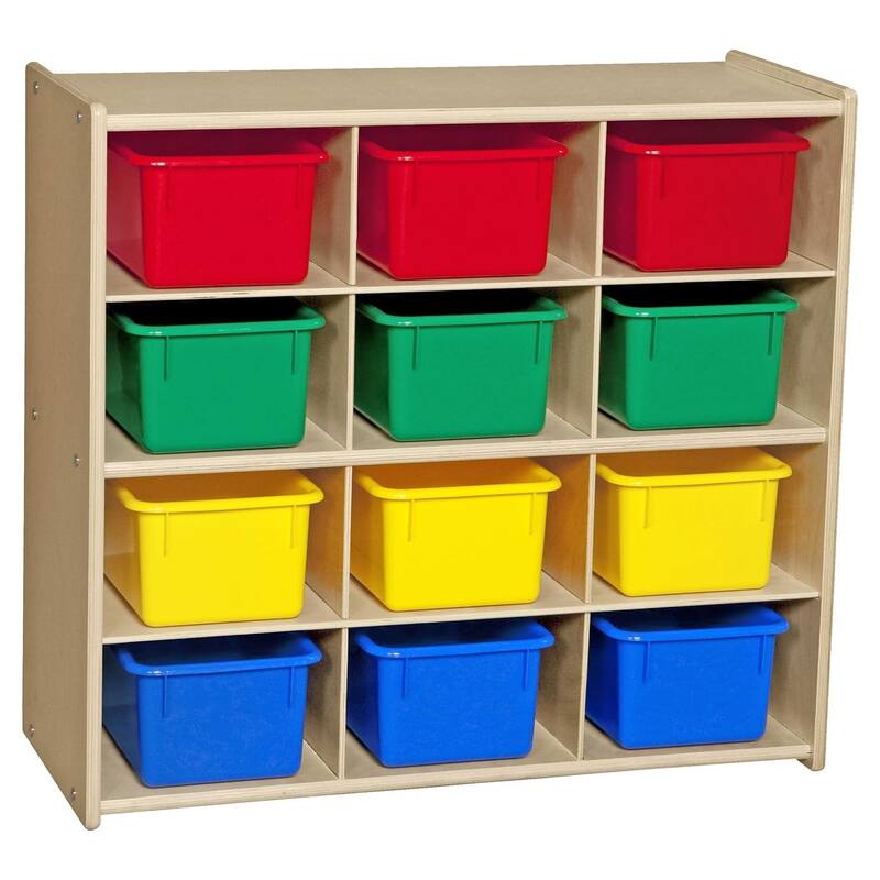 Contender 12 Compartment Toy Storage Cabinet With Assorted Bins, Wooden Montessori Shelves Organization