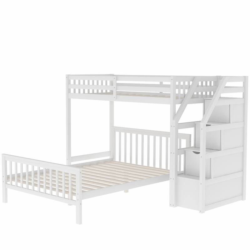 White Twin over Full Loft Bed with Staircase and Storage