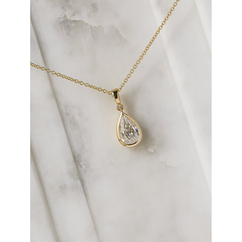 Kobelli 1.01 Carat Natural Diamond GIA Certified 18k Solid Yellow Gold Pear Bezel Solitaire Pendant & Chain Necklace (E/VVS2)