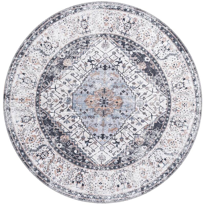 Traditional Tira Collection Area Rug - 6' Round - Linen-Charcoal