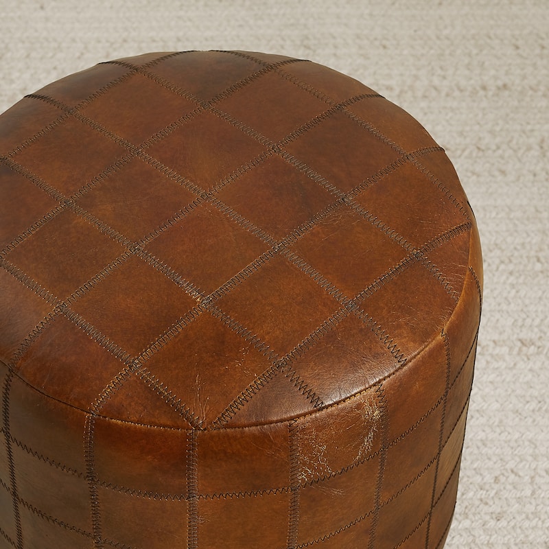Art Leon Vintage Genuine Leather Ottoman Footstool with Checkered Stitching