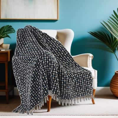 HomeRoots Black and Blue Woven Cotton Geometric Throw Blanket