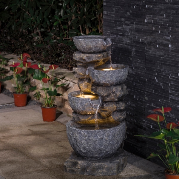 Glitzhome 32"H Polyresin Stacked Stone Tiered Bowls Outdoor Fountain with LED Lights. Opens flyout.
