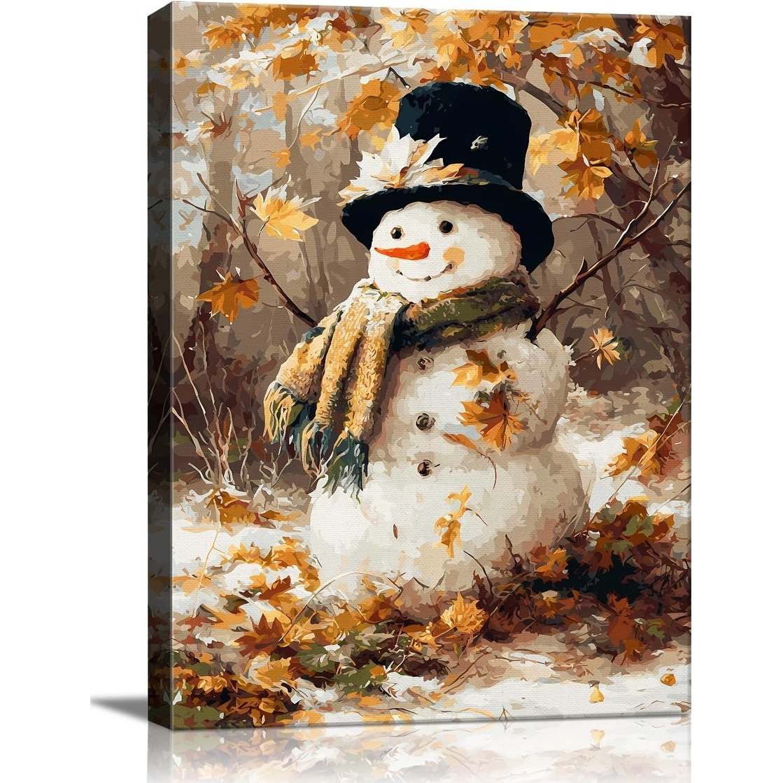 Vintage Snowman in Forest Christmas Canvas Wall Art